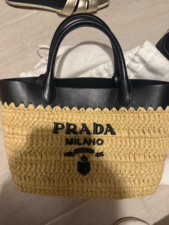 Prada Handbags - Prada Beige Straw Tote with Black Leather Trim